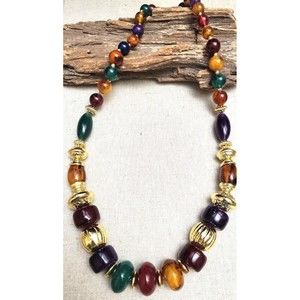 Vintage 1970's Boho Jewel Tones Acrylic Variegated Chunky Beaded Necklace